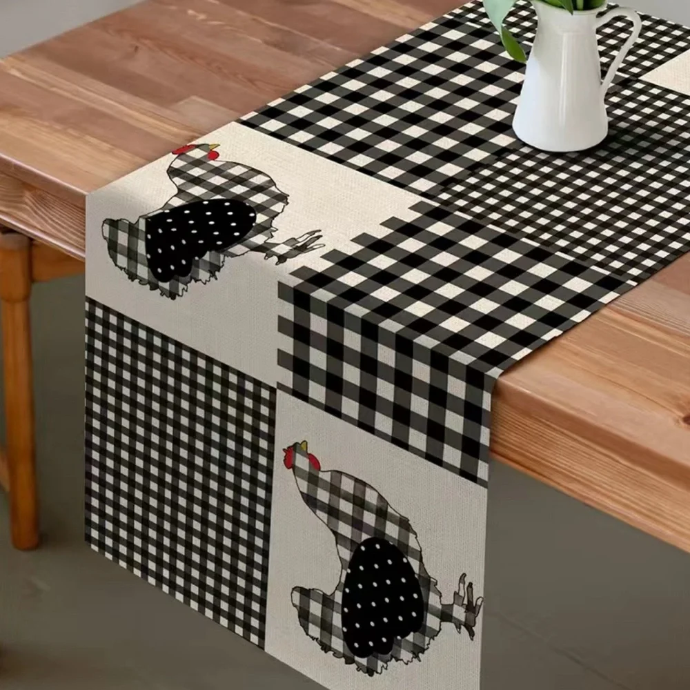 Rooster Hen Table Runner, Black White Buffalo Plaid 13X72 Chicken Chick Gingham - Picture 3 of 5